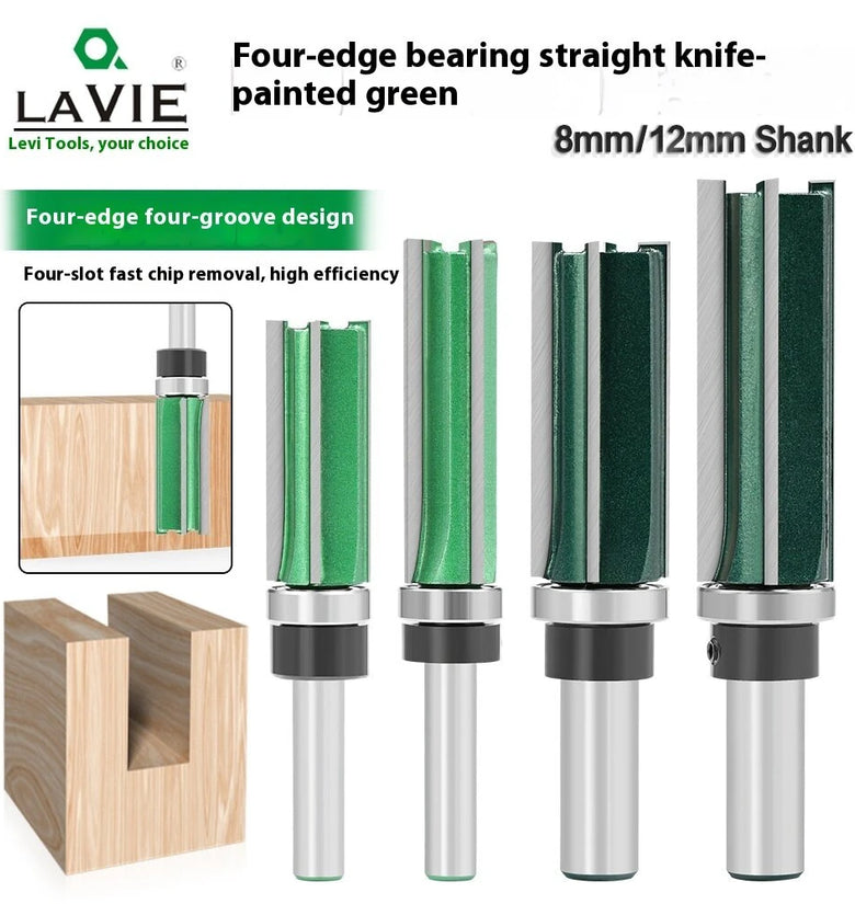 LAVIE 2pcs 8mm 12mm Shank Straight Cut Router Bit Set Four Flute Tungsten Carbide Cutter Woodworking Tools for CNC Machines Dense Board Solid Wood Cutting