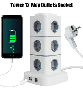 2500W Tower 12-way Outlets EU Socket with 4 USB Multi Power Strip with 2.8M Extension Cord Built-in LED Light Switch Overload Protector 250V 10A