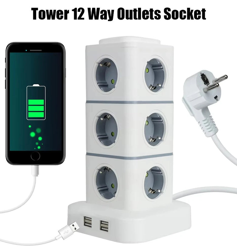 2500W Tower 12-way Outlets EU Socket with 4 USB Multi Power Strip with 2.8M Extension Cord Built-in LED Light Switch Overload Protector 250V 10A