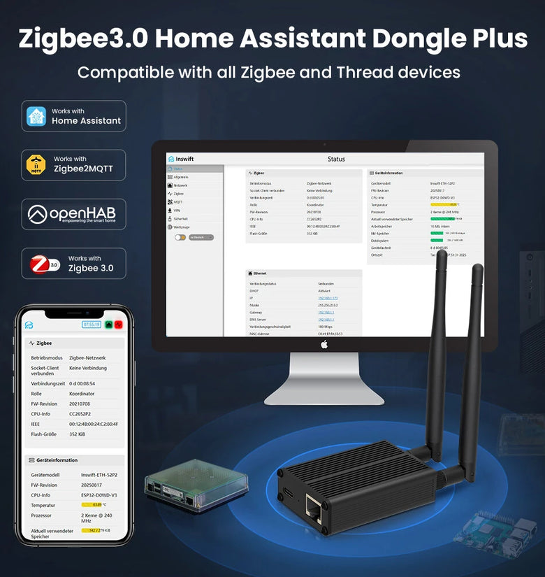 AVATTO ZigBee3.0 Dongle To Ethernet/USB/WiFi Gateway Coordinator Works With Zigbee2MQTT Home Assistant ZHA OpenHAB