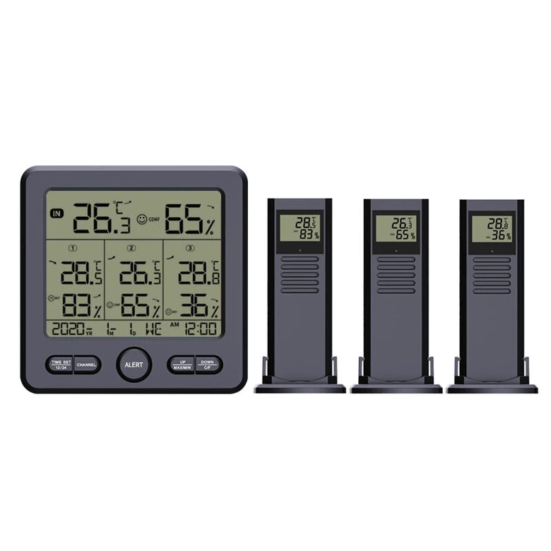 TS-6210 1-to-3 Wireless Weather Station Indoor Outdoor Temperature and Humidity Sensor Digital Display Thermometer Hygrometer with Backlight Smart Home Sensor Kit