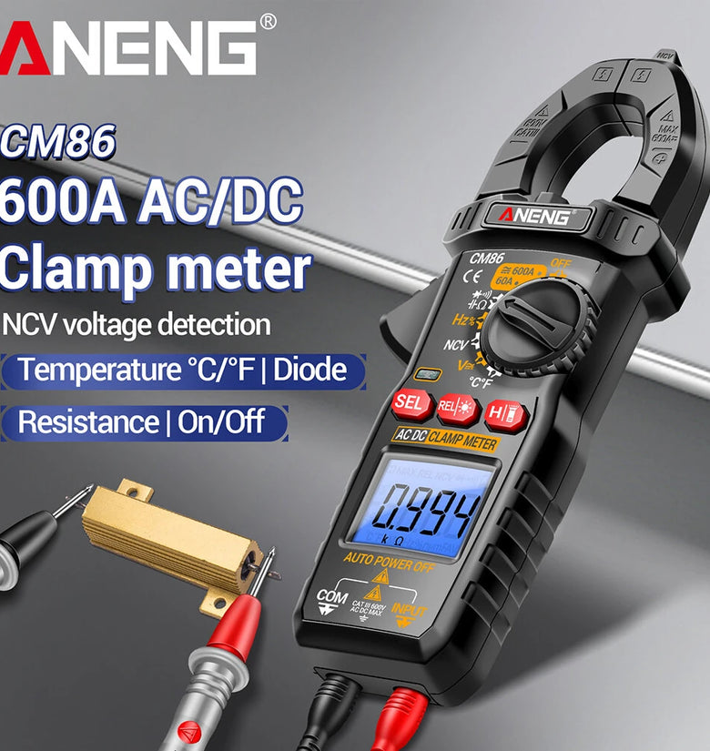 ANENG CM86 Clamp Meter 600A AC DC Current Voltage Resistance Capacitance Temperature Digital Multimeter NCV Function Backlit LCD Auto Power Off Handheld Tester