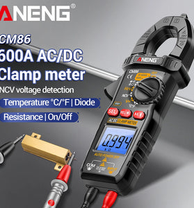 ANENG CM86 Clamp Meter 600A AC DC Current Voltage Resistance Capacitance Temperature Digital Multimeter NCV Function Backlit LCD Auto Power Off Handheld Tester