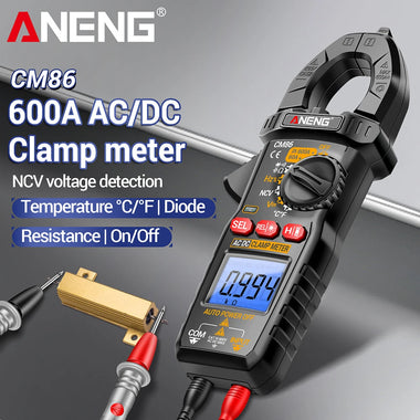 ANENG CM86 Clamp Meter 600A AC DC Current Voltage Resistance Capacitance Temperature Digital Multimeter NCV Function Backlit LCD Auto Power Off Handheld Tester