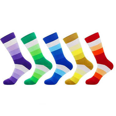 5Pairs Men's Striped Colorblock Dress Socks, Comfortable Funny Novelty Crew Socks Plus Size, Sweat Absorption Anti-friction Long Cotton Socks
