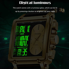 LIGE Fashion Men's Square Dual Display Watch Business Casual Sports Wristwatch Luminous Waterproof Date Week Male Watch