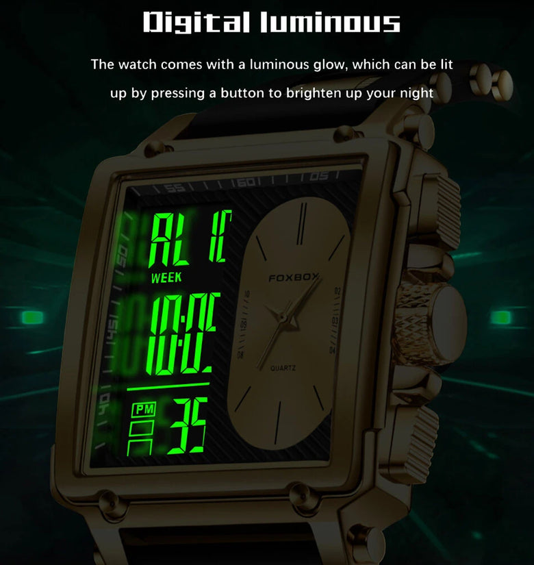 LIGE Fashion Men's Square Dual Display Watch Business Casual Sports Wristwatch Luminous Waterproof Date Week Male Watch