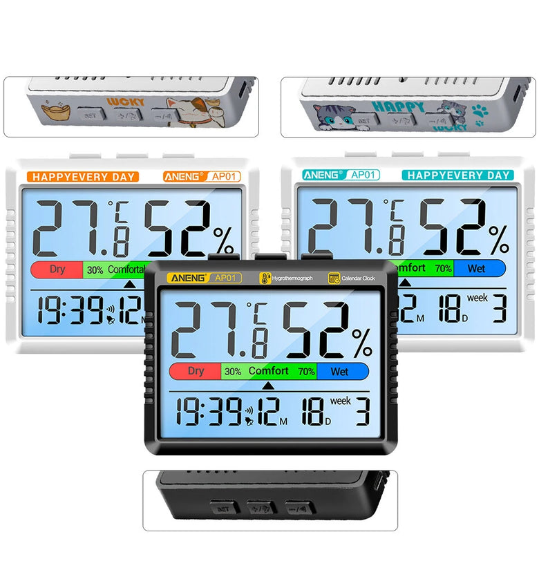 ANENG AP01 Thermohygrometer Clock with Backlit LCD Display Real-Time Temperature and Humidity Monitor Built-in Alarm and Calendar Type-C Charging