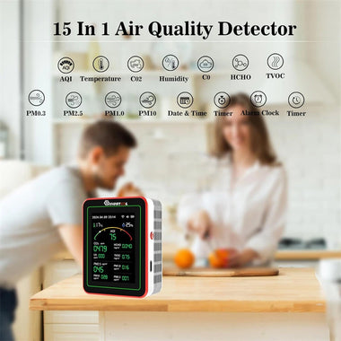 MUSTOOL 15-in-1 Air Quality Monitor Wifi Tuya App 15-in-1 Smart Tester With stand CO2 CO TVOC HCHO PM2.5 PM1.0 PM10 AQI Battery Powered Real-Time Display for Home Office