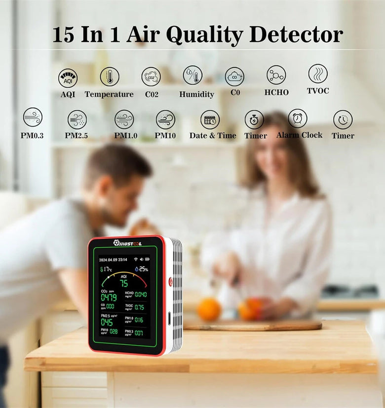 MUSTOOL 15-in-1 Air Quality Monitor Wifi Tuya App 15-in-1 Smart Tester With stand CO2 CO TVOC HCHO PM2.5 PM1.0 PM10 AQI Battery Powered Real-Time Display for Home Office
