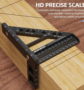 ENJOYWOOD 3D Multi-Angle Measuring Ruler Square Protractor Hole Positioning Inch/MM Imperial Metric Durable Aluminum Alloy T-Type Triangle Scriber Tool Ideal for Woodworking Measuring Angles 22.5/30/45/60/67.5/90 Degrees