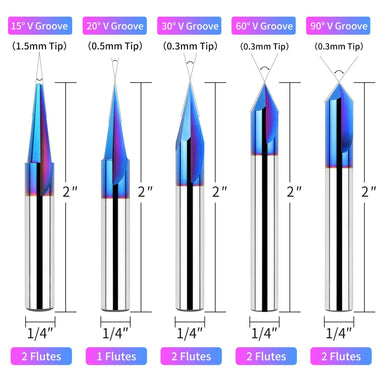 1/4 Inch Shank CNC Wood Carving Router Bits Set 15/20/30/60/90 Degree Engraving Bits 2 Flutes Straight CNC V-bit with Nano Blue Coating