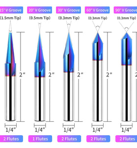 1/4 Inch Shank CNC Wood Carving Router Bits Set 15/20/30/60/90 Degree Engraving Bits 2 Flutes Straight CNC V-bit with Nano Blue Coating