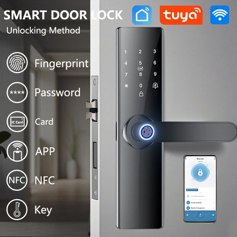 Z17 Tuya Smart Door Lock Fingerprint Keyless Entry WiFi Enabled Digital Code Deadbolt with Alarm Anti Peep Password IC Card Key Unlock Door Lock for Home Security