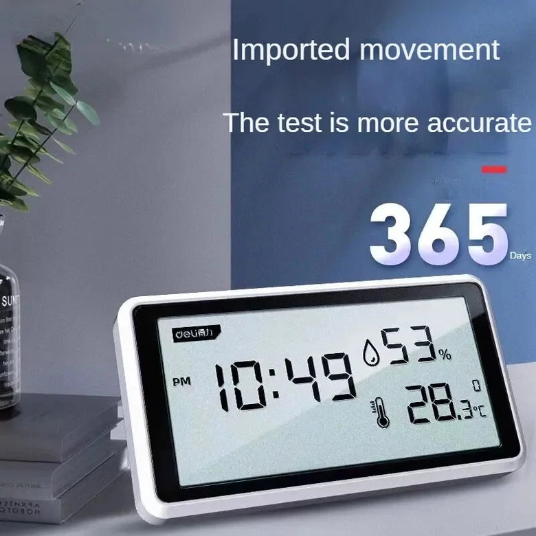 Deli Electronic Thermometer Hygrometer Weather Station with High Precision 0.1 Temperature Humidity LCD Display Clock Function Long Battery Life- Ultimate Indoor Weather Monitoring Station