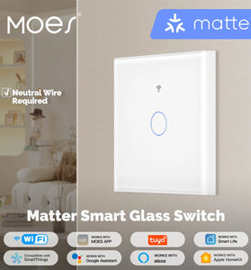 MOES WS-EU Tuya Matter WiFi Smart Light Switch Glass Touch Control Fireproof Neutral Wire Required Timing Function Voice Control with Alexa Google Assistant Apple HomeKit