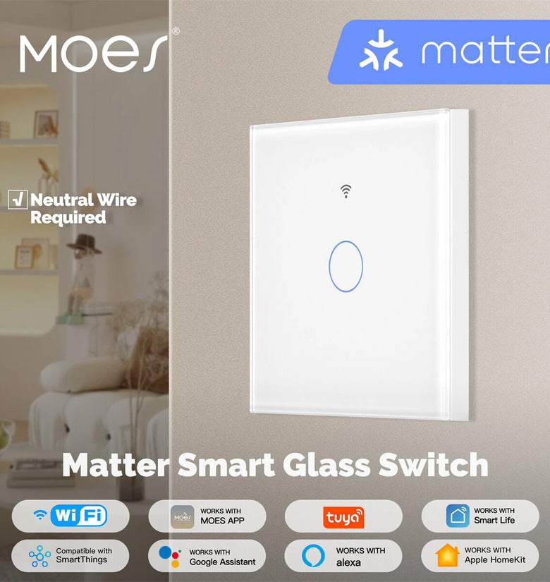 MOES WS-EU Tuya Matter WiFi Smart Light Switch Glass Touch Control Fireproof Neutral Wire Required Timing Function Voice Control with Alexa Google Assistant Apple HomeKit