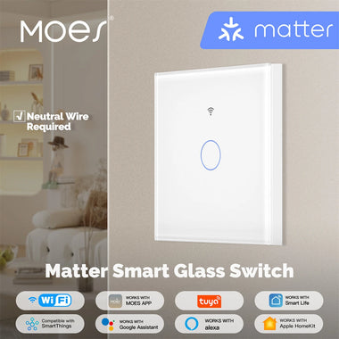 MOES WS-EU Tuya Matter WiFi Smart Light Switch Glass Touch Control Fireproof Neutral Wire Required Timing Function Voice Control with Alexa Google Assistant Apple HomeKit