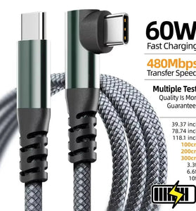 PD60W Type-C to Type-C Elbow Cable PD Fast Charging Data Transmission Copper Core Line 1M/2M Long for iPhone 16 16 Pro 15 15 Pro Max for SAMSUNG Galaxy Z Fold 7 for HUAWEI for OPPO