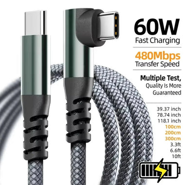 PD60W Type-C to Type-C Elbow Cable PD Fast Charging Data Transmission Copper Core Line 1M/2M Long for iPhone 16 16 Pro 15 15 Pro Max for SAMSUNG Galaxy Z Fold 7 for HUAWEI for OPPO
