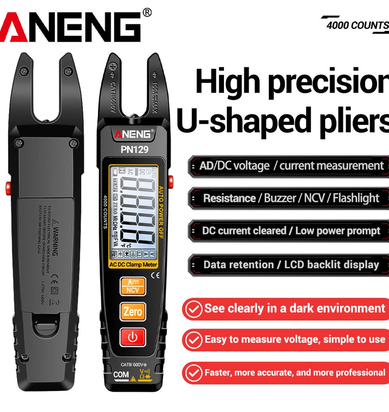 ANENG PN129 Digital Clamp Meter 600V 100A Multimeter with LCD Backlit Display Flashlight Auto Power Off NCV Data Retention