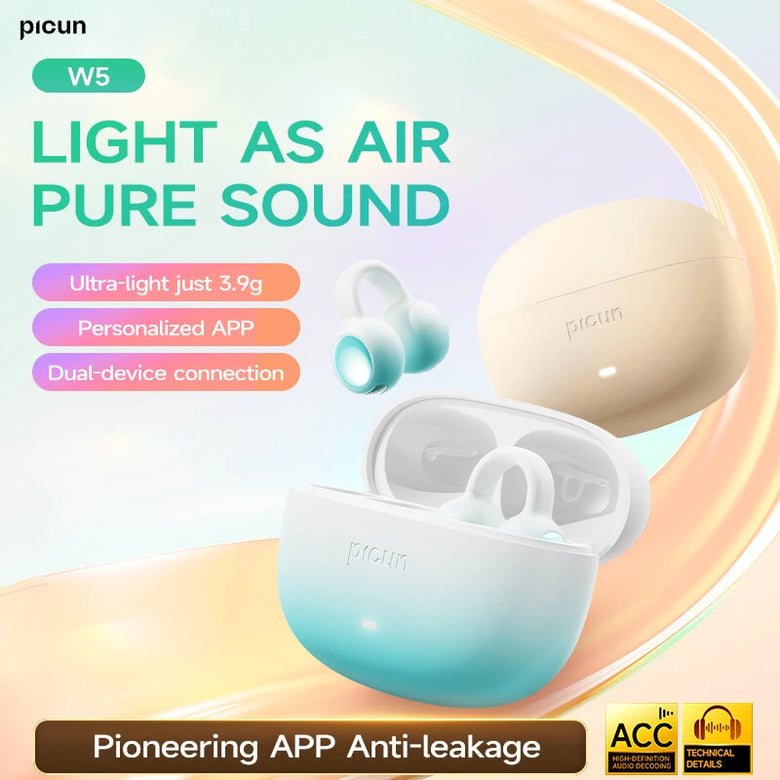 PICUN W5 TWS Earclip Earbuds Wireless bluetooth 5.4 Earphone HiFi Audio Deep Bass Dual-Mic AI Call Noise Reduction 40H Playback Lightweight Flexible Comfort Low Gaming Latency Sports Headphones