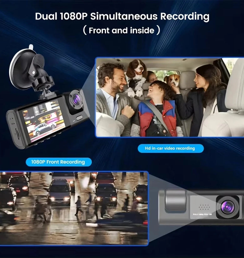 3 Lens 1080P Infrared Night Vision Dual Dash Cam Backup Camera Wide Angle Recording Looping