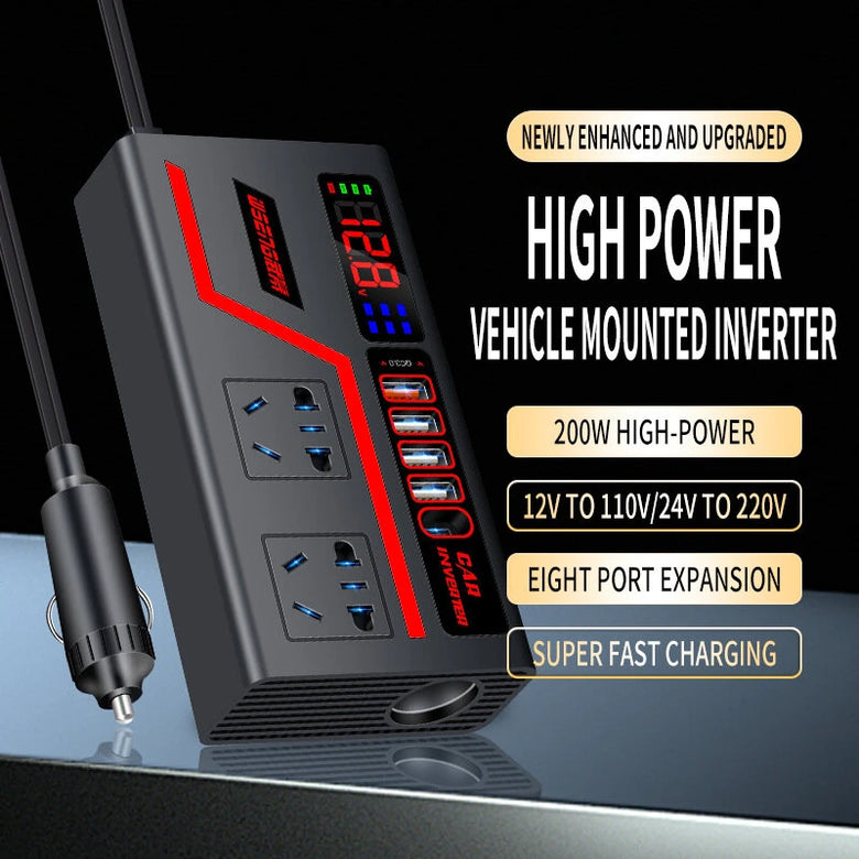 Car Inverter 12V to 110V 24V to 220V Multi-functional 200W Car Truck Converter  Intelligent Digital Display Car Charging Socket