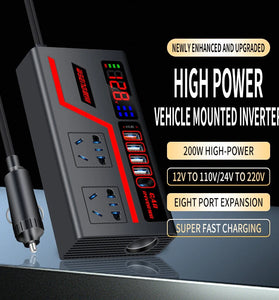 Car Inverter 12V to 110V 24V to 220V Multi-functional 200W Car Truck Converter  Intelligent Digital Display Car Charging Socket