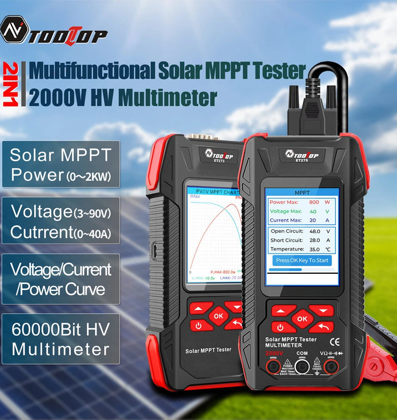 AV TOOLTOP ET273 ET275 2000W Solar MPPT Tester Multimeter Power Measurement 90V Solar Voltage 40A Current Testing Device Lithium Battery Portable Digital Screen Safety Functions