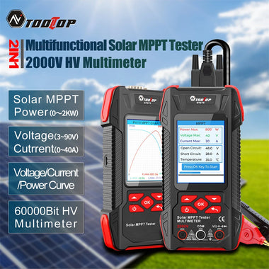 AV TOOLTOP ET273 ET275 2000W Solar MPPT Tester Multimeter Power Measurement 90V Solar Voltage 40A Current Testing Device Lithium Battery Portable Digital Screen Safety Functions