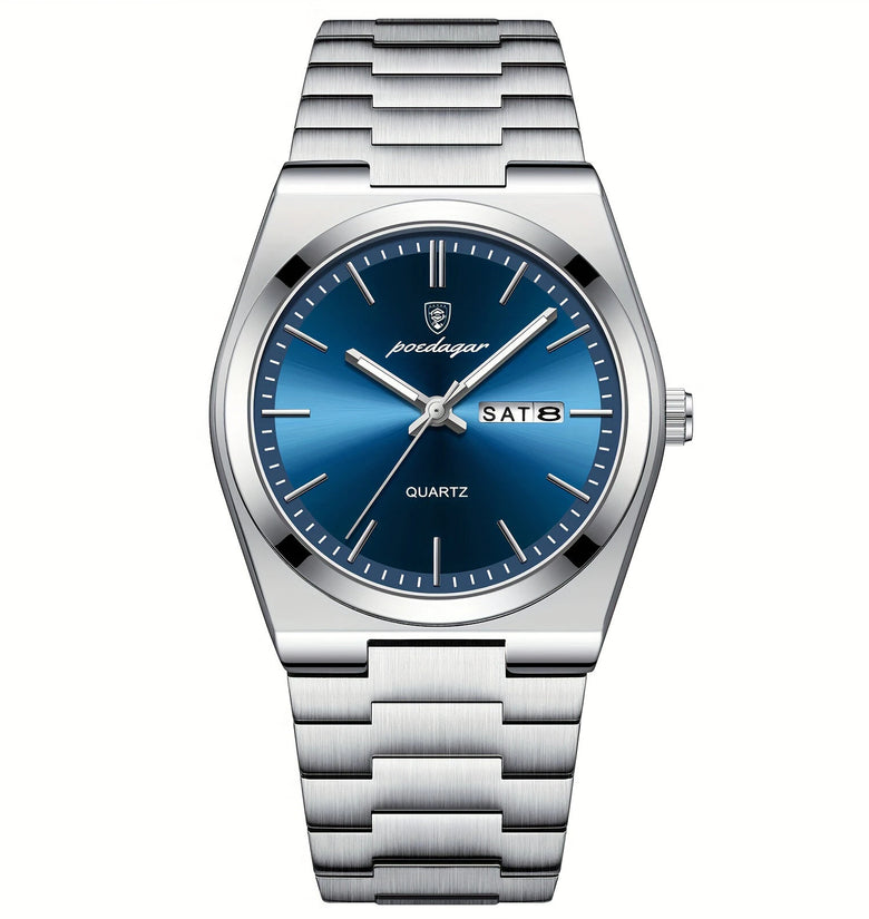 POEDAGAR Luxury Men Quartz Watch Waterproof Luminous Sport Watches Date Week Stainless Steel Male Wristwatch