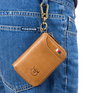 BULLCAPTAIN Genuine Leather Mens Waist-Mounted Wallet Card & Id Holders Multi-function Key Chain Holders Mini Key Bag Coin Purse Wallet Two-In-One with Gift Box