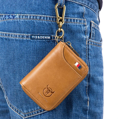 BULLCAPTAIN Genuine Leather Mens Waist-Mounted Wallet Card & Id Holders Multi-function Key Chain Holders Mini Key Bag Coin Purse Wallet Two-In-One with Gift Box