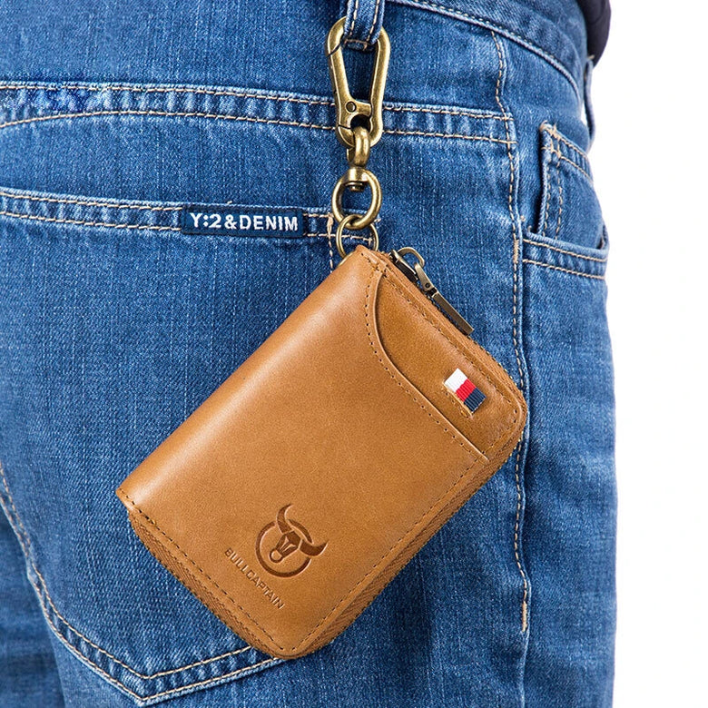 BULLCAPTAIN Genuine Leather Mens Waist-Mounted Wallet Card & Id Holders Multi-function Key Chain Holders Mini Key Bag Coin Purse Wallet Two-In-One with Gift Box