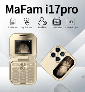 MaFam i17 Pro Mini 2G GSM 1.77 Inch Dual SIM Card Dual Standby 1000mAh FM Radio Large Button LED Flashlight Speed Dial Vibration Type-C Flip Feature Mobile Phone with 3.5mm Earphone Port