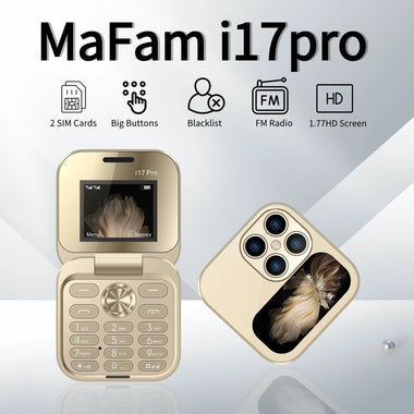 MaFam i17 Pro Mini 2G GSM 1.77 Inch Dual SIM Card Dual Standby 1000mAh FM Radio Large Button LED Flashlight Speed Dial Vibration Type-C Flip Feature Mobile Phone with 3.5mm Earphone Port