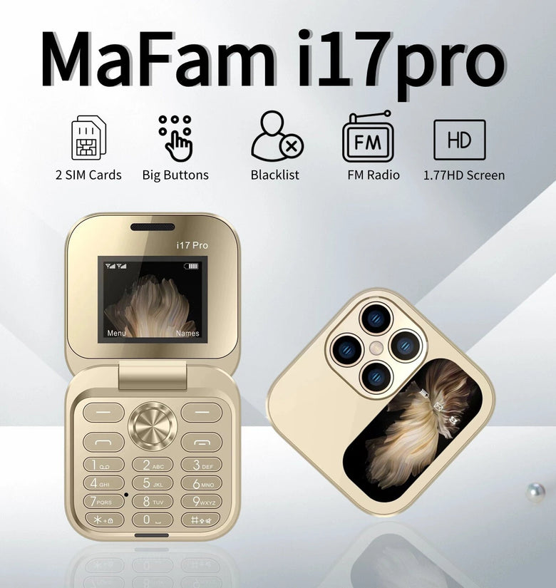 MaFam i17 Pro Mini 2G GSM 1.77 Inch Dual SIM Card Dual Standby 1000mAh FM Radio Large Button LED Flashlight Speed Dial Vibration Type-C Flip Feature Mobile Phone with 3.5mm Earphone Port