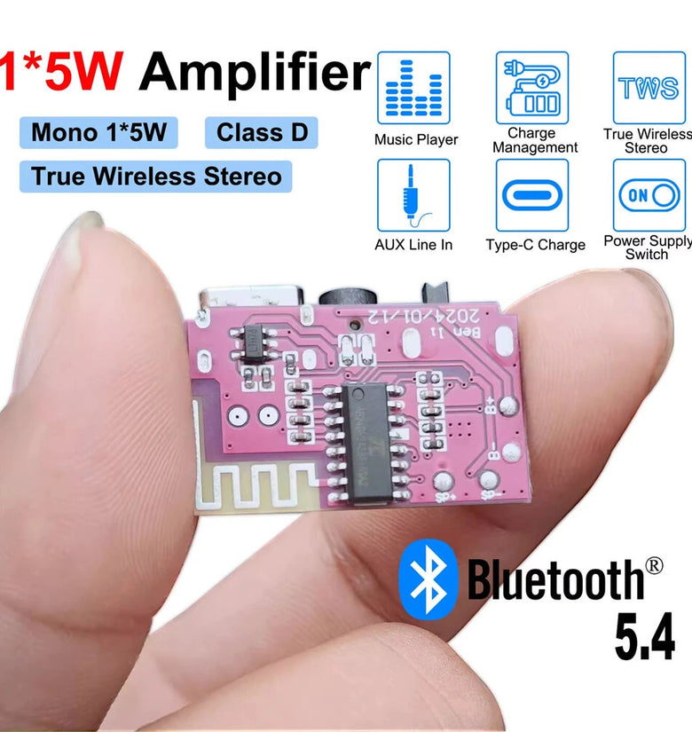 DC 3.5V-5V 5W Bluetooth 5.4 Mono Amplifier Decoder Board MP3 Player TWS 3.5mm AUX Module Receiver DIY Handmade Speaker