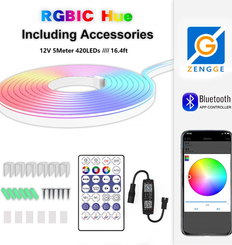 1m/2m/3m/5m Neon LED Strip RGB + IC Neon LED Strip 12V  IP65 Waterproof Neon Light Strip DIY Flexible LED Strip with Remote Control Silicone Light Strip for Indoor