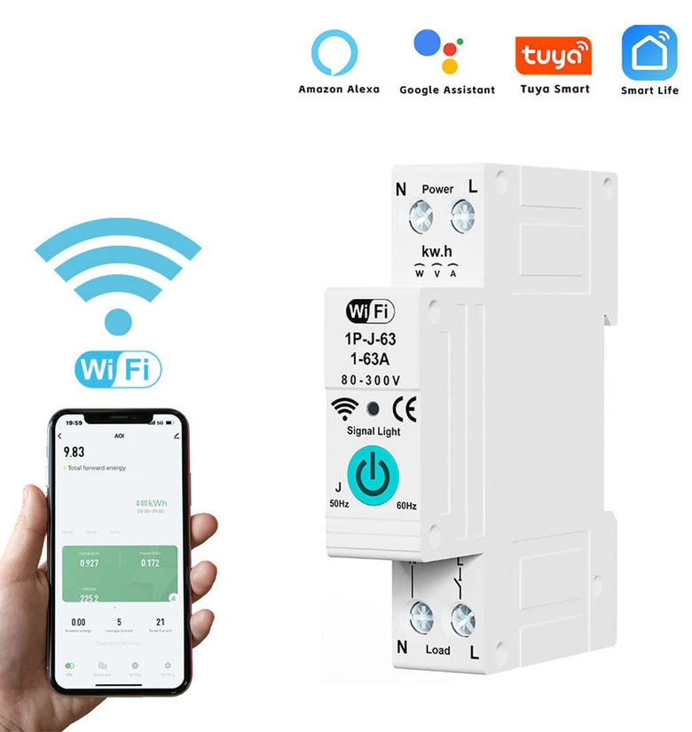 Smart WiFi Circuit Breaker with Remote Control Voice Activation Adjustable Over Current Protection Energy Metering Easy Installation for Efficient Home Power Management
