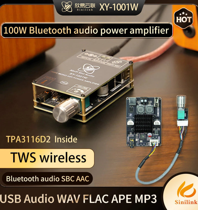 Sinilink XY-1001W TWS bluetooth 5.3 Amplifier Board Mono 100W TPA3116D2 AUX USB Stereo Pairing Audio Module