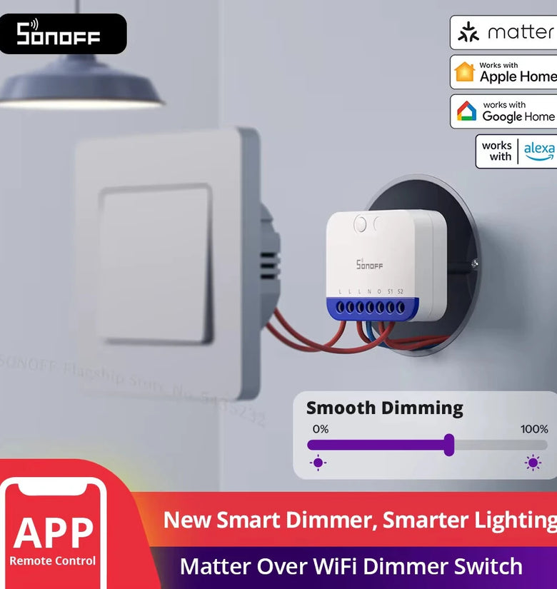 SONOFF MINI-DIM MINI Extreme Matter Over WiFi Dimmer Switch Wide Lighting Compatibility Matter-enabled Google Apple Home Alexa