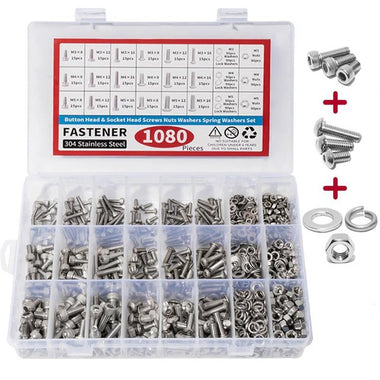 1080pcs Nuts And Bolts Assortment Kit M3 M4 M5 M6 Screw Set Button Head & Socket Head Metric Screws 304 Stainless Steel Nut & Bolt Assortment Sets