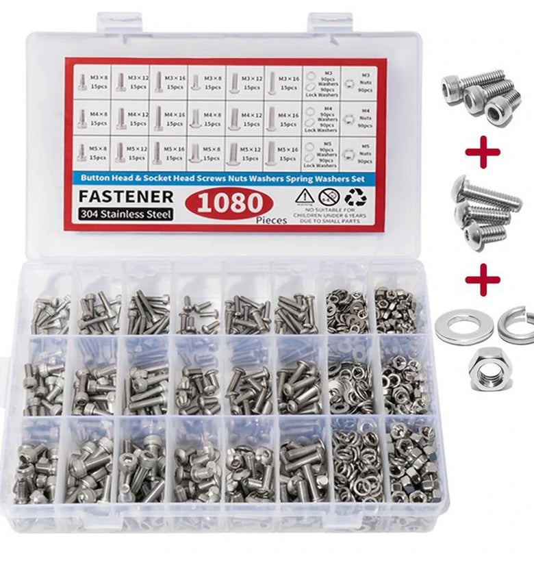 1080pcs Nuts And Bolts Assortment Kit M3 M4 M5 M6 Screw Set Button Head & Socket Head Metric Screws 304 Stainless Steel Nut & Bolt Assortment Sets