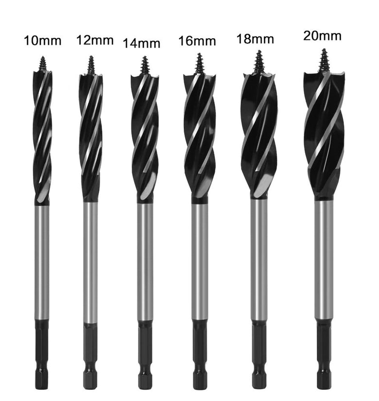 LAVIE 6PCS 6.35mm Shank Twist Bit Auger Drill Bits 4 Flutes Drilling Cut 10-20mm Cutting Diameter Carpenter Joiner Tool