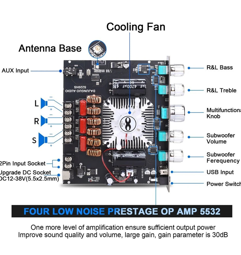 S220HS bluetooth Power Amplifier Board 2.1 Channel TDA7498E 160Wx2+220W 12V-38V Audio Power Amplifier Module