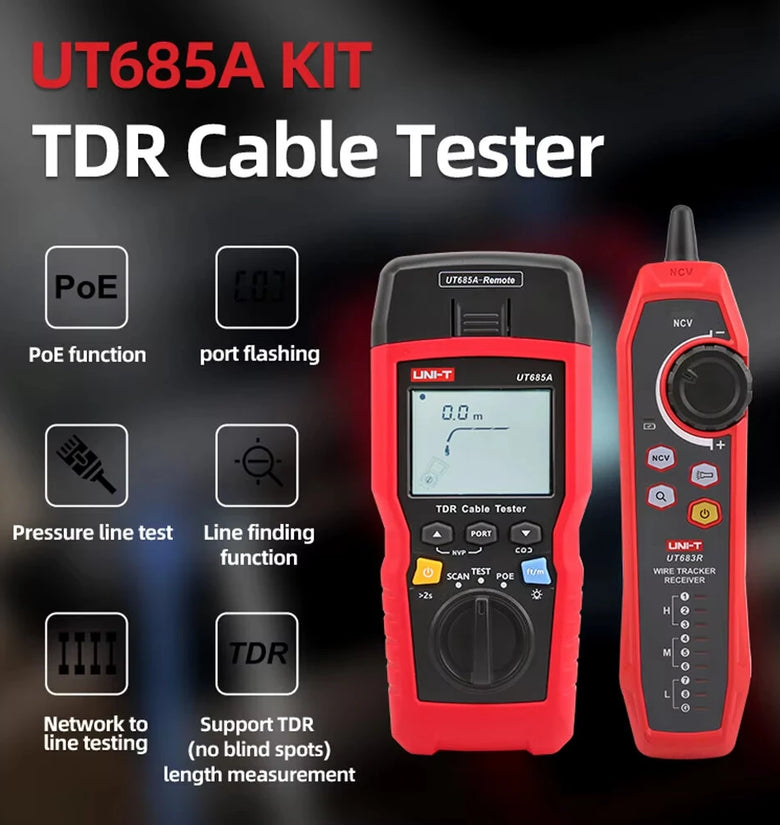 UNI-T UT685A KIT TDR Cable Tester RJ45 RJ11 Network Cable Tracker Wire Finder with 2.8 Inch LCD Digital Line Tracing 300m Length Test PoE Port Blinking Fault Locator and Wire Mapper Diagnostic Tool