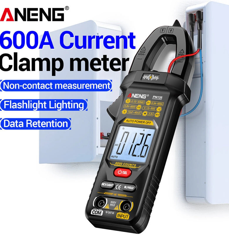 ANENG PN135 Clamp Meter Digital Multimeter 4000 Counts 600A 600V AC DC Voltage Current Tester Non Contact NCV Flashlight Backlight Auto Shut Off Data Hold Function 4000 Counts