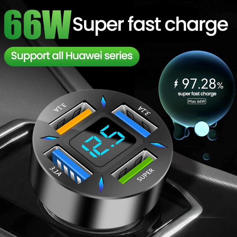 66W 4-Port USB PD Car Charger Adapter Dual 2.4A USB-A PD QC3.0 Fast Charging with Blue LED for iPhone 13 14 14 Pro Max for Huawei Mate50 for Samsung Galaxy S22 for Redmi K60 for OPPO Reno9